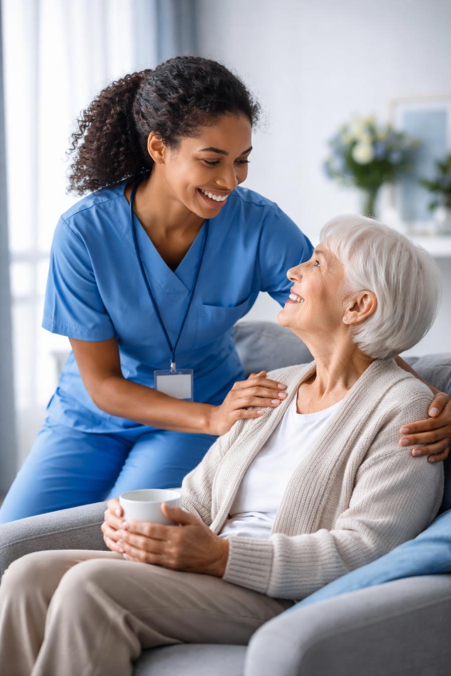 A caregiver in blue scrubs smiling with an older woman seated comfortably at home